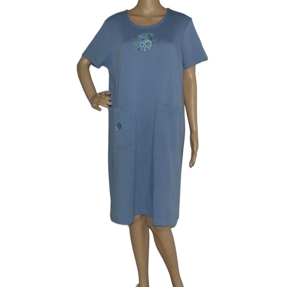 Bonnie Evans Dress Large Blue knit pullover casual shift pockets floral